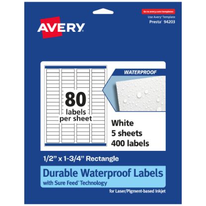 Picture of Avery Waterproof Permanent Labels With Sure Feed, 94203-WMF5, Rectangle, 1/2in x 1-3/4in, White, Pack Of 400