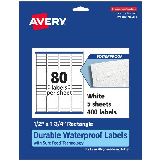 Picture of Avery Waterproof Permanent Labels With Sure Feed, 94203-WMF5, Rectangle, 1/2in x 1-3/4in, White, Pack Of 400