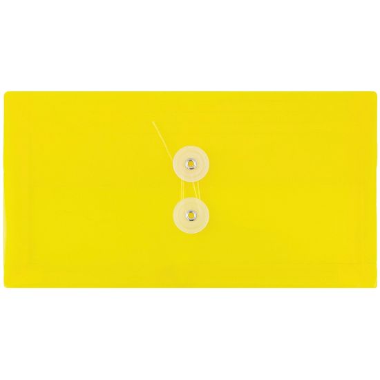 Picture of JAM Paper Booklet Plastic Envelopes, #10, Button & String Closure, Yellow, Pack Of 12