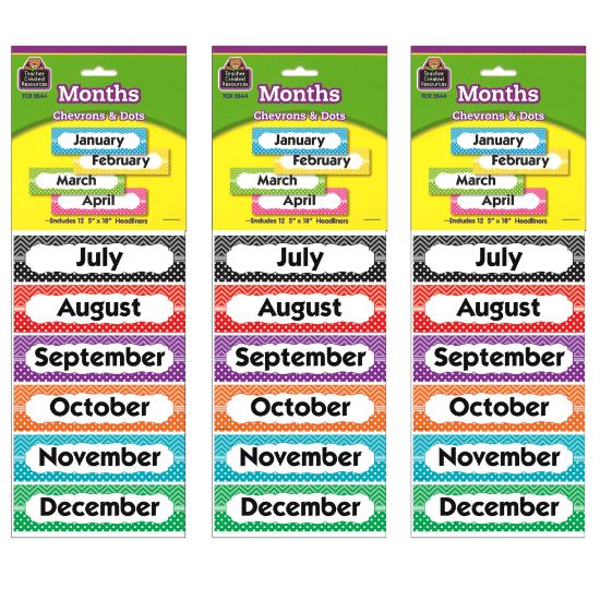 Picture of Teacher Created Resources Monthly Headliners, 5in x 18in, Chevrons and Dots, Pre-K to Grade 8, 12 Pieces Per Pack, Set Of 3 Packs