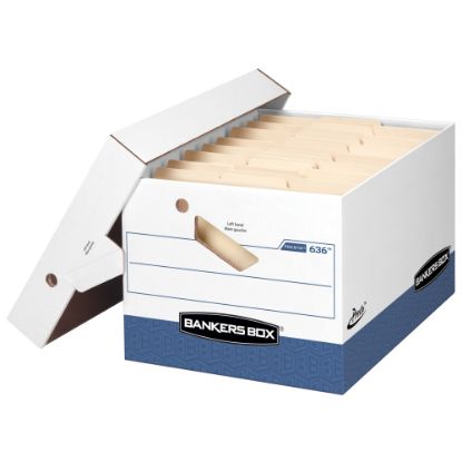 Picture of Bankers Box Presto Heavy-Duty Storage Boxes With Locking Lift-Off Lids And Built-In Handles, Letter/Legal Size, 15in x 12in x 10in, 60% Recycled, White/Blue, Case Of 12