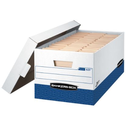 Picture of Bankers Box Presto Heavy-Duty Storage Boxes With Locking Lift-Off Lids And Built-In Handles, Letter Size, 24in x 12in x 10in, 60% Recycled, White/Blue, Case Of 12