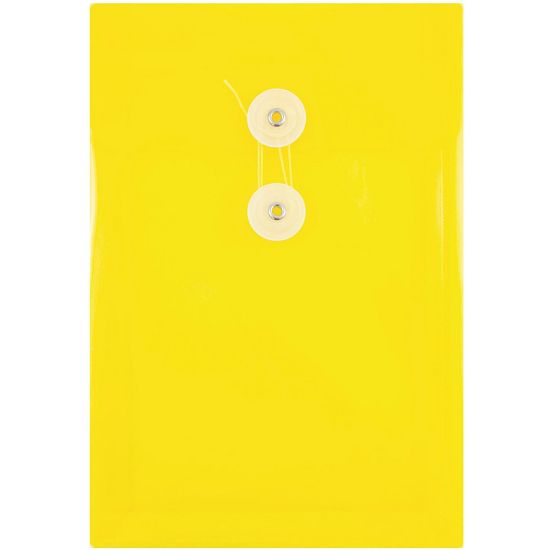 Picture of JAM Paper Open-End Plastic Envelopes, 6 1/4in x 9 1/4in, Button & String Closure, Yellow, Pack Of 12