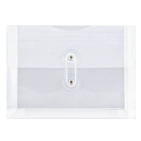 Picture of JAM Paper Index Booklet Plastic Envelopes, 5 1/2in x 7 1/2in, Button & String Closure, Clear, Pack Of 12