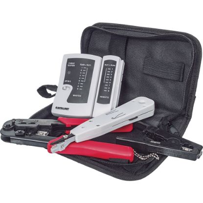 Picture of Intellinet Network Solutions 4-Piece Network Tool Kit Composed of LAN Tester, LSA Punch Down Tool, Crimping Tool and Cutter/Stripper Tool - Includes Durable Storage Bag