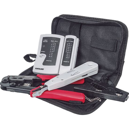 Picture of Intellinet Network Solutions 4-Piece Network Tool Kit Composed of LAN Tester, LSA Punch Down Tool, Crimping Tool and Cutter/Stripper Tool - Includes Durable Storage Bag