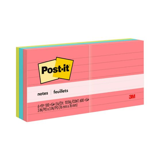 Picture of Post-it Notes, 3 in x 3 in, 6 Pads, 100 Sheets/Pad, Clean Removal, Poptimistic Collection, Lined