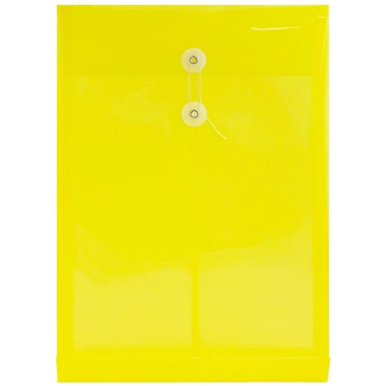 Picture of JAM Paper Open-End Plastic Envelopes, Legal-Size, 9 3/4in x 14 1/2in, Button & String Closure, Yellow, Pack Of 12