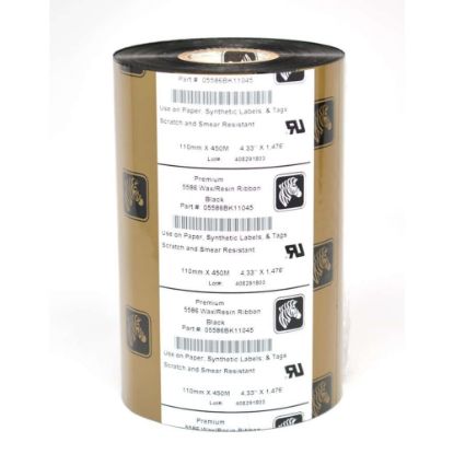 Picture of Zebra 5586 (05586BK11045) Wax Resin Black Ribbons, 4.33in x 1,476ft, Pack Of 6