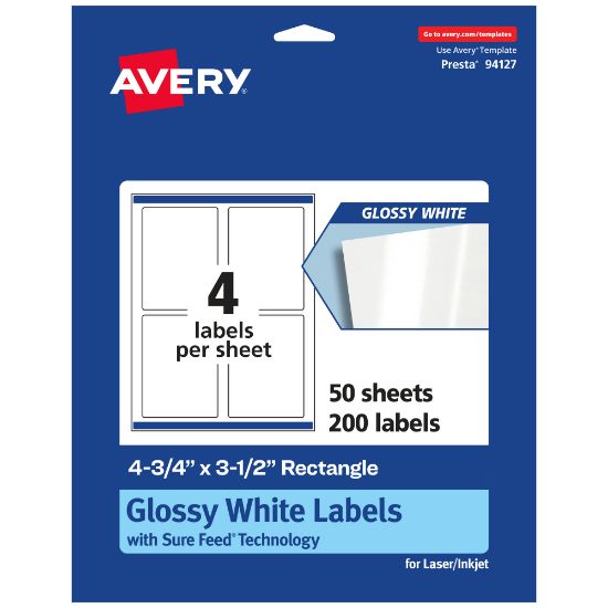 Picture of Avery Glossy Permanent Labels With Sure Feed, 94127-WGP50, Rectangle, 4-3/4in x 3-1/2in, White, Pack Of 200