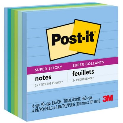 Picture of Post-it Recycled Super Sticky Notes, 4 in x 4 in, 6 Pads, 90 Sheets/Pad, 2x the Sticking Power, Oasis Collection, Lined