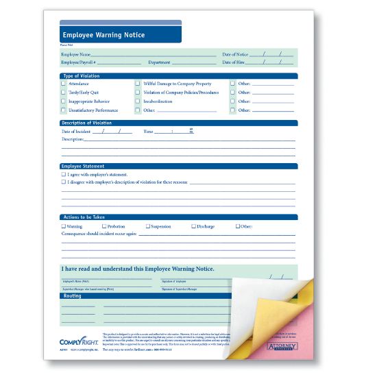 Picture of ComplyRight Carbonless Employee Warning Notice Forms, 3-Part, 8 1/2in x 11in, White, Pack Of 50