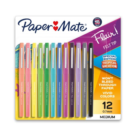 Picture of Paper Mate Flair Tropical Vacation Felt Tip Pens, Medium Point, 0.7 mm, Assorted Colors, Pack Of 12