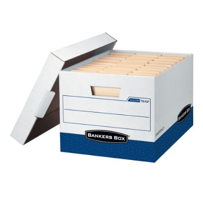 Picture of Bankers Box R Kive FastFold Heavy-Duty Storage Boxes With Locking Lift-Off Lids And Built-In Handles, Letter/Legal Size, 15D x 12in x 10in, 60% Recycled, White/Blue, Case Of 4