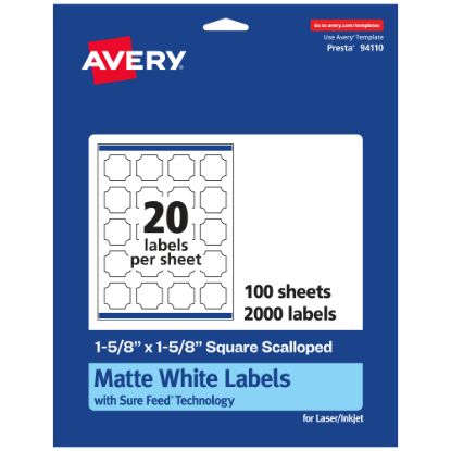 Picture of Avery Permanent Labels With Sure Feed, 94110-WMP100, Square Scalloped, 1-5/8in x 1-5/8in, White, Pack Of 2,000