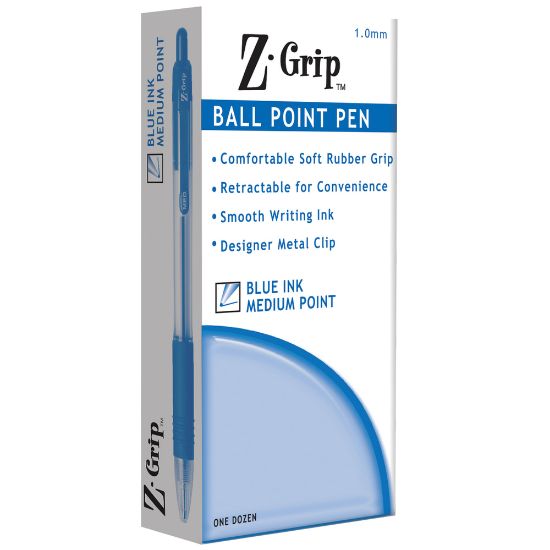 Picture of Zebra Pen Z-Grip Retractable Ballpoint Pens, Pack Of 12, Medium Point, 1.0 mm, Tinted Barrel, Blue Ink