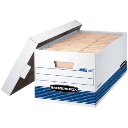 Picture of Bankers Box Stor/File Medium-Duty Storage Boxes With Locking Lift-Off Lids And Built-In Handles, Letter Size, 24in x 12in x 10in, 60% Recycled, White/Blue, Case Of 4, FEL0070104