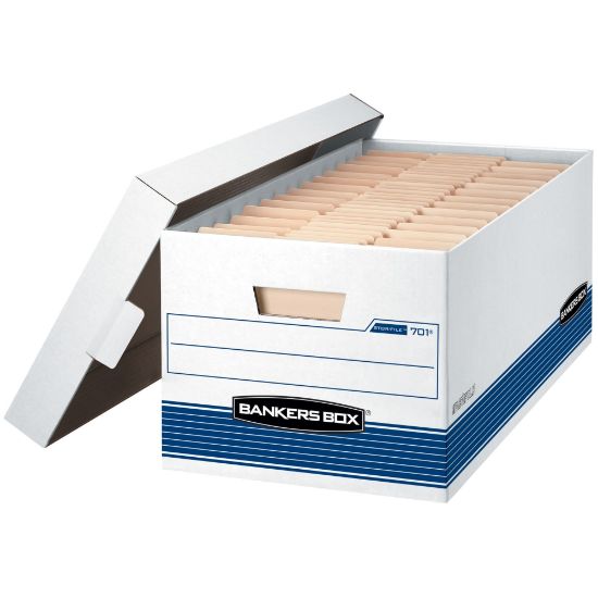 Picture of Bankers Box Stor/File Medium-Duty Storage Boxes With Locking Lift-Off Lids And Built-In Handles, Letter Size, 24in x 12in x 10in, 60% Recycled, White/Blue, Case Of 4, FEL0070104