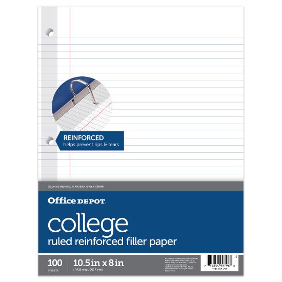 Picture of Office Depot Brand Reinforced Filler Paper, 8in x 10-1/2in, College Ruled, White, Pack Of 100 Sheets