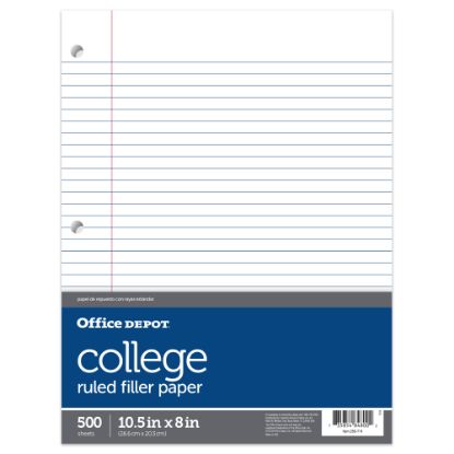 Picture of Office Depot Brand Notebook Filler Paper, College Ruled, 8in x 10 1/2in, White, Pack Of 500 Sheets