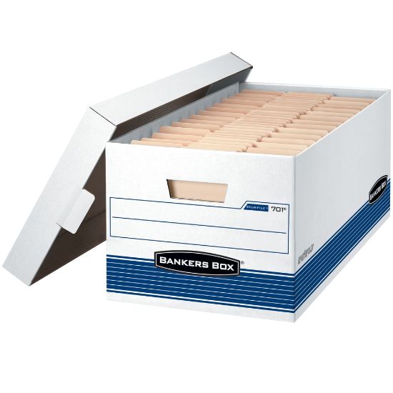 Picture of Bankers Box Stor/File Medium-Duty Storage Boxes With Locking Lift-Off Lids And Built-In Handles, Legal Size, 24in x 15in x 10in, 60% Recycled, White/Blue, Case Of 4