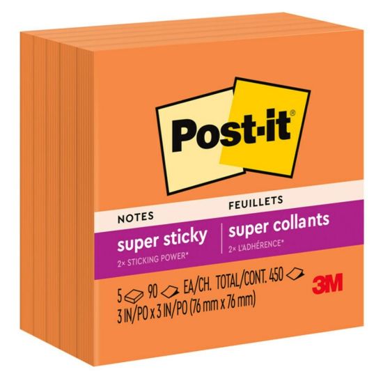 Picture of Post-it Super Sticky Notes, 3 in x 3 in, 5 Pads, 90 Sheets/Pad, 2x the Sticking Power, Neon Orange