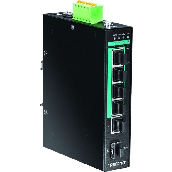 Picture of TRENDnet 5-Port Hardened Industrial Gigabit PoE+ DIN-Rail Switch, 120W Power Budget, 1 x SFP Slot, IP30 Rated, Unmanaged Switch, Gigabit PoE+ Network Switch, Lifetime Protection, Black, TI-PG541 - 5-port Hardened Industrial Gigabit PoE+ DIN-Rail Switch