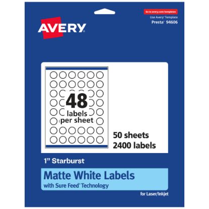 Picture of Avery Permanent Labels With Sure Feed, 94606-WMP50, Starburst, 1in, White, Pack Of 2,400