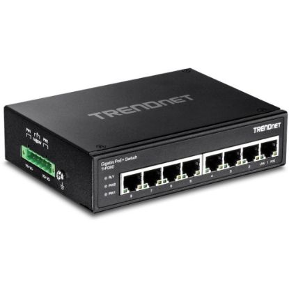 Picture of TRENDnet 8-Port Hardened Industrial Unmanaged Gigabit PoE+ DIN-Rail Switch, 200W Full PoE+ Power Budget, 16 Gbps Switching Capacity, IP30 Rated Network Switch, Lifetime Protection, Black, TI-PG80 - 8-port hardened Industrial Gigabit PoE+ Switch