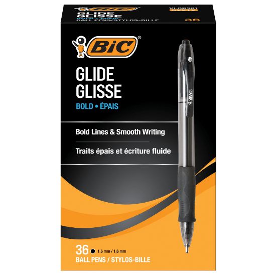 Picture of BIC Glide Bold Ballpoint Pens, Bold Point, 1.6 mm, Translucent Barrel, Black Ink, Pack Of 36