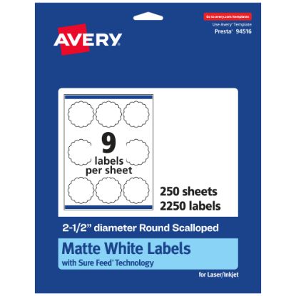 Picture of Avery Permanent Labels With Sure Feed, 94516-WMP250, Round Scalloped, 2-1/2in Diameter, White, Pack Of 2,250