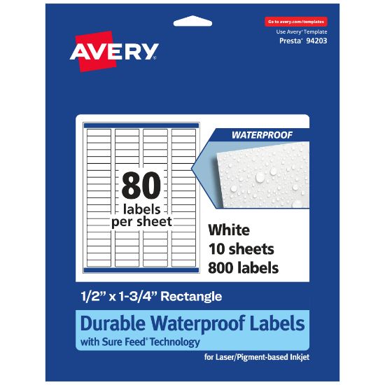 Picture of Avery Waterproof Permanent Labels With Sure Feed, 94203-WMF10, Rectangle, 1/2in x 1-3/4in, White, Pack Of 800