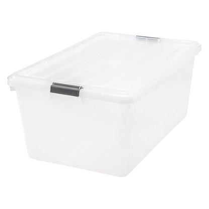 Picture of IRIS Buckle Down Plastic Storage Container With Built-In Handles And Snap Lid, 68 Quarts, 11 3/4in x 17 1/4in x 26 1/8in, Clear