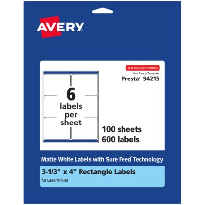 Picture of Avery Permanent Labels With Sure Feed, 94215-WMP100, Rectangle, 3-1/3in x 4in, White, Pack Of 600