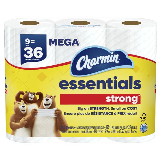 Picture of Charmin Essentials Strong Mega 2-Ply Toilet Paper Rolls, 4in x 4-1/2in, White, 429 Sheets Per Roll, Pack Of 9 Rolls