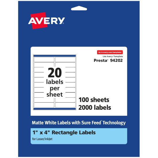 Picture of Avery Permanent Labels With Sure Feed, 94202-WMP100, Rectangle, 1in x 4in, White, Pack Of 2,000