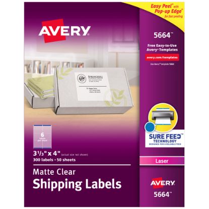 Picture of Avery Matte Shipping Labels With Sure Feed Technology, 5664, Rectangle, 3-1/3in x 4in, Clear, Pack Of 300