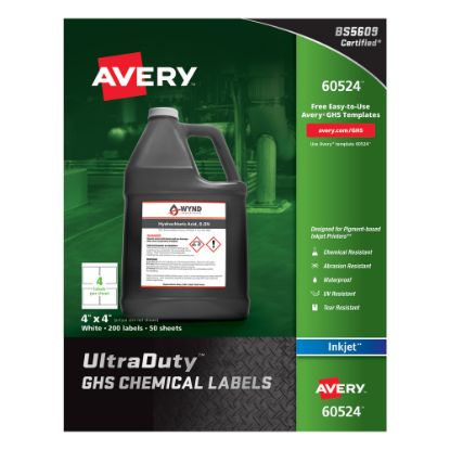 Picture of Avery UltraDuty GHS Chemical Labels For Pigment-Based Inkjet Printers, 60524, 4in x 4in, White, Pack Of 200