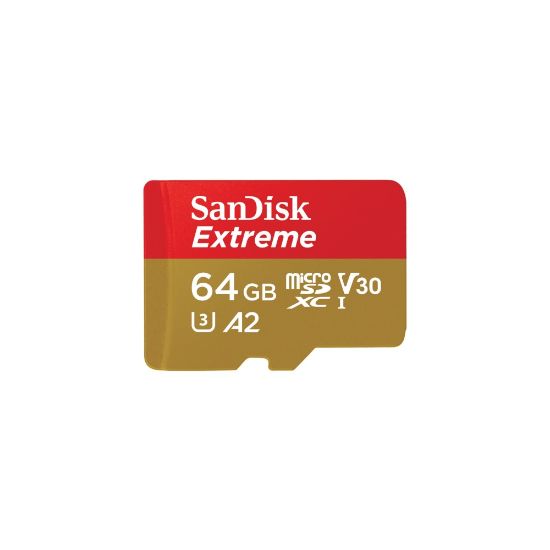 Picture of SanDisk Extreme - Flash memory card (microSDXC to SD adapter included) - 64 GB - A2 / Video Class V30 / UHS-I U3 / Class10 - microSDXC UHS-I