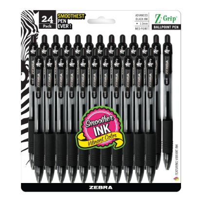 Picture of Zebra Pen Z-Grip Retractable Ballpoint Pens, Pack Of 24, Medium Point, 1.0 mm, Clear Barrel, Black Ink