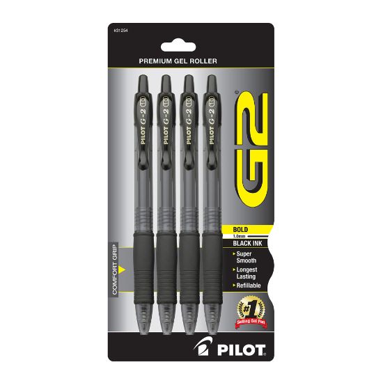 Picture of Pilot G2 Retractable Gel Pens, Bold Point, 1.0 mm, Clear Barrels, Black Ink, Pack Of 4