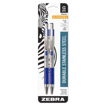 Picture of Zebra Pen G-301 Retractable Gel Pens, Pack Of 2, Medium Point, 0.7 mm, Silver Barrel, Blue Ink