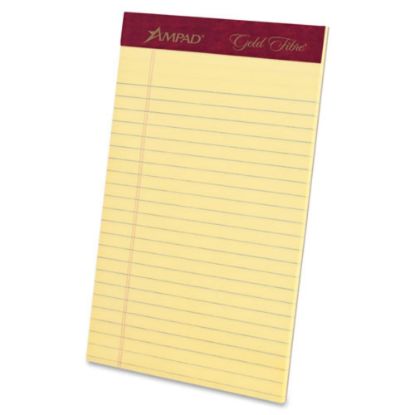 Picture of Ampad Gold Fibre Premium Jr. Legal Writing Pads - 50 Sheets - Watermark - Stapled/Glued - 0.28in Ruled - Ruled Margin - 16 lb Basis Weight - 5in x 8in - Canary Paper - Chipboard Backing, Bleed-free, Micro Perforated - 1 Dozen