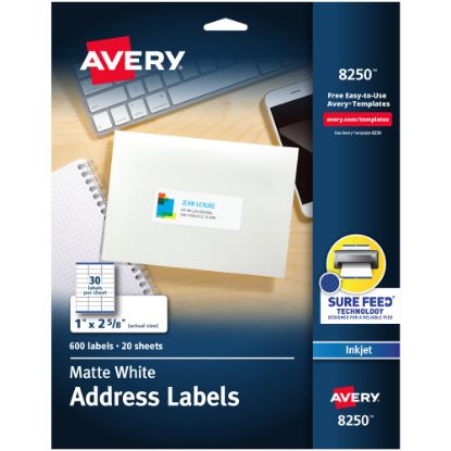 Picture of Avery Address Labels With Sure Feed Technology, 8250, Rectangle, 1in x 2-5/8in, White, Pack Of 600 Labels