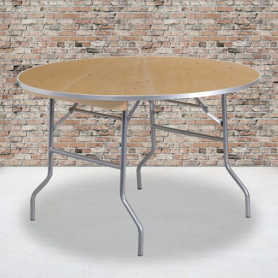 Picture of Flash Furniture Round Heavy-Duty Birchwood Folding Banquet Table, 30inH x 48inW x 48inD, Natural/Silver