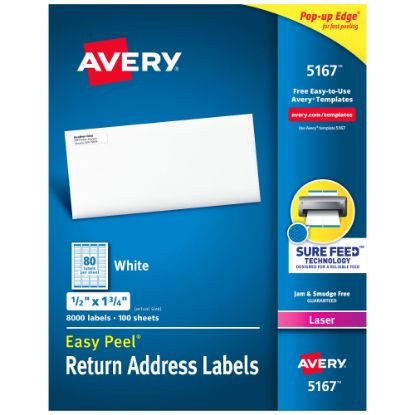 Picture of Avery Easy Peel Return Address Labels With Sure Feed Technology, 5167, Rectangle, 1/2in x 1 3/4in, White, Box Of 8,000