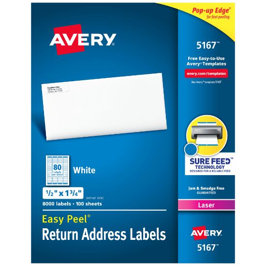 Picture of Avery Easy Peel Return Address Labels With Sure Feed Technology, 5167, Rectangle, 1/2in x 1 3/4in, White, Box Of 8,000