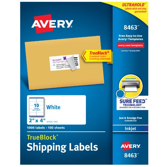 Picture of Avery TrueBlock Shipping Labels With Sure Feed Technology, 8463, Rectangle, 2in x 4in, White, Pack Of 1,000