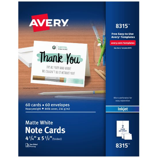 Picture of Avery Printable Note Cards With Envelopes, 4.25in x 5.5in, Matte White, 60 Blank Note Cards For Inkjet Printers