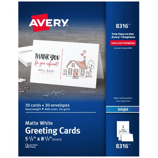 Picture of Avery Printable Greeting Cards With Envelopes, Half-Fold, 5.5in x 8.5in, Matte White, 30 Blank Greeting Cards